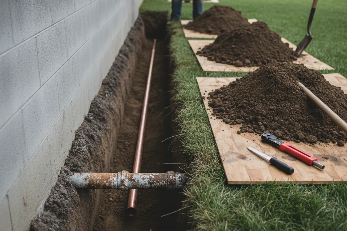 Excavated water line trench during Water Softener Installation in Clayton